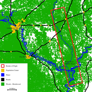 The red border shows the forested area in the White River Wildlife Reserve of Arkansas where researchers flew in June and July, 2006 to identify a possible habitat for the ivory billed woodpecker.